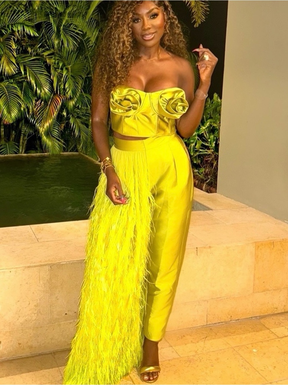 SEARCHING FOR!!! Feather-Trim High-Waist Ankle Pants in Yellow by